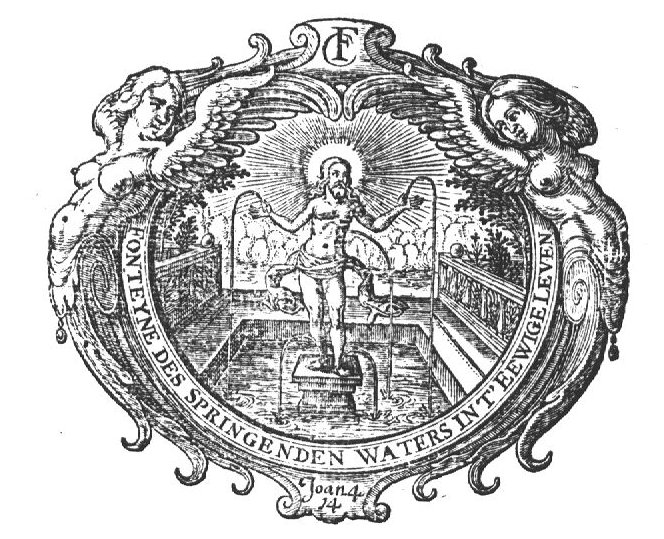 Christ standing in a fountain, shedding his blood; frame decorated with hybrid beings of mixed human and animal shape; monogram "C.F."