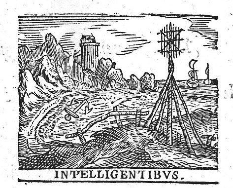 Rocky coast with beacon, pillars of Hercules, the sun as a face, ships