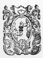 Two hands rubbing together ink-balls; frame decorated with festoons and hybrids of mixed human and animal shape