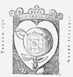 An apple(?) with the (design for a) coat of arms in a heart-shaped frame, a branch, a crown