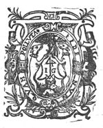 Two greyhounds flanking a shield with 'Hausmarke' and initials "I.V.G." that is being tied to a tree; a rabbit(?) at the foot of the tree; frame decorated with branches and mascaron