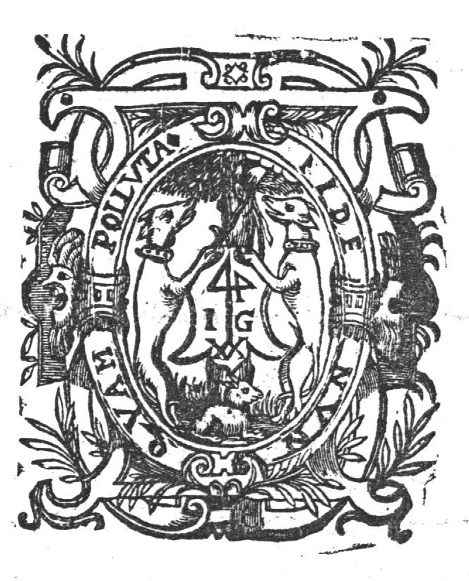 Two greyhounds flanking a shield with 'Hausmarke' and initials "I.V.G." that is being tied to a tree; a rabbit(?) at the foot of the tree; frame decorated with branches and mascaron