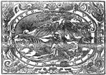 Jacob wrestles with the angel till daybreak; Jacob's thigh is put out of joint; in the background camels from Jacob's caravan; frame decorated with festoons, vases with flowers and birds