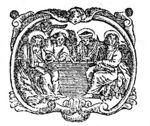 The four evangelists together, writing, the four symbols present; decorated frame with cherub