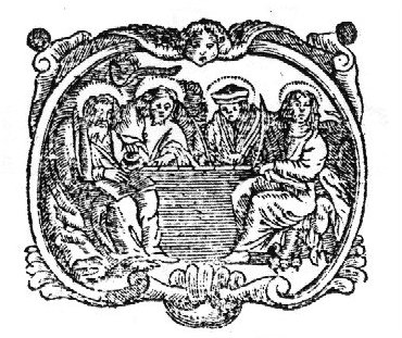 The four evangelists together, writing, the four symbols present; decorated frame with cherub
