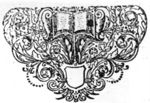 Open book surrounded by floral ornament; small crown