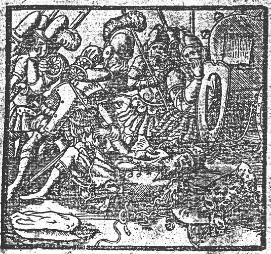 Upon finding their dead king some soldiers press their nose; one holds his hand over his eyes, weeping