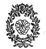 Decorated monogram, abstract interlace, a wreath of olive-branches as frame