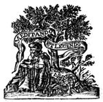 Old man sitting on the ground below a tree, reading; beside him on the ground: an armillary sphere, a quadrant, an ink-well and a quill, an open book, and a Jacob's staff; banderole