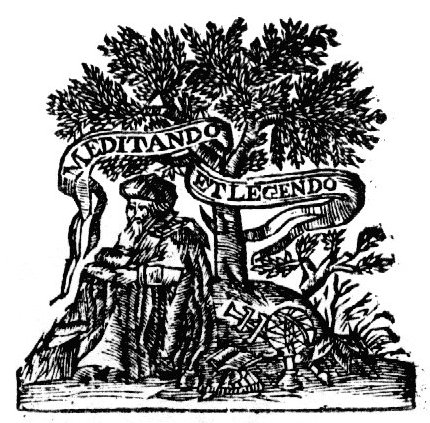 Old man sitting on the ground below a tree, reading; beside him on the ground: an armillary sphere, a quadrant, an ink-well and a quill, an open book, and a Jacob's staff; banderole