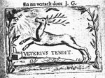 Deer jumping towards a fountain with a Jahweh-tetragram above it; young trees growing towards each other