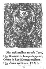 A sitting woman with wings at the shoulder, holding a trumpet and an Ouroboros (Fame); elaborate frame with cherub and nine women, eight of whom are making music, the ninth is reading (~Muses?)