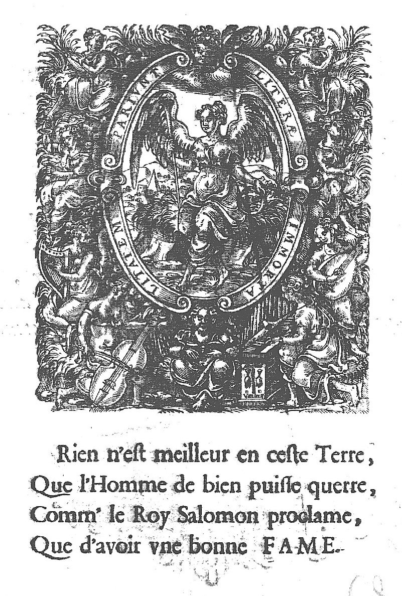A sitting woman with wings at the shoulder, holding a trumpet and an Ouroboros (Fame); elaborate frame with cherub and nine women, eight of whom are making music, the ninth is reading (~Muses?)