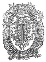 Two hands take hold of an anchor; olive-branches cross behind it; frame decorated with branches and mascarons