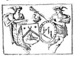 Mercury (cock, caduceus, petasus) holding a medallion with a man climbing a steep hill; a woman(?) with wings at her head, holding a shield with a Saracen horseman with a scimitar, a crescent, two stars
