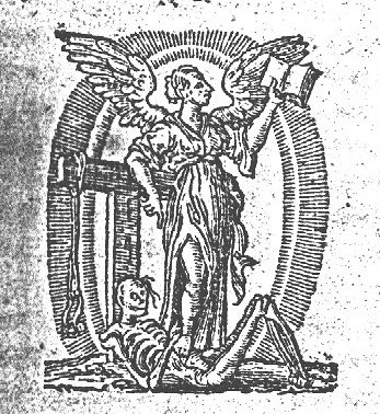 Allegory on the Christian Religion: A winged woman holding an open book and leaning against a tau-shaped cross; a bit hanging on one arm of the cross; a skeleton, symbolizing Death, below the feet of the woman