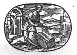Personification of Architecture: a woman with compasses and a ruler, measuring remains of a building
