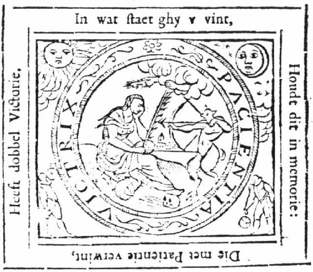 Personification of Patience: a woman seated in a landscape, resting her head against her left hand and holding a palm-branch in her right, her foot on a skull; a devil aims an arrow at her; hands appear from the clouds: one with a wreath; frame decorated with sun and moon, two men (seamen?), one with an astrolabe, the other with an astronomical instrument(?) (probably an author's device)