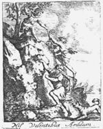 Two men, chased by a dog, are climbing a rock; one of them grasps a branch held by a companion who is already on top of the rock; a hilly landscape in the distance