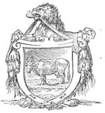 Lion holding the coat of arms of Beemster: a cow in a meadow, sun shining.