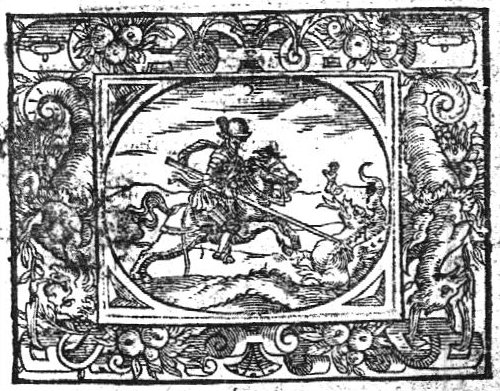 St. George and the dragon: dressed in armour and mounted on a horse he attacks the dragon with his lance; the princess shown praying on her knees in the background; decorated frame (printed upside down) with hybrid beings of mixed human and animal shape and floral ornament