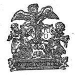 A woman with wings at the shoulder blowing a trumpet (Fame) holding reins to which a printer and an engraver are attached; three coats of arms: one showing a quill and a laurel, another the tools of a printer (ink-ball)