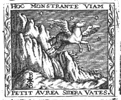 Pegasus jumping from a rock; starry sky; 'Hausmarke'? and initials "B.V.[D.]B."