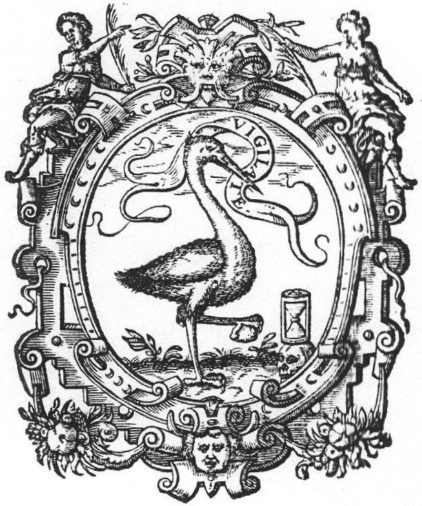 Crane, with a banderole in its beak, holding a stone in its claw; a skull with an hourglass on top; frame decorated with festoons and two women holding a palm-branch