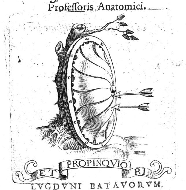 A shield, two arrows pointing towards it, against the trunk of a tree; banderole with inscription
