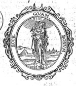 A woman with a bird on each hand, looking upward at a Jahweh-tetragram, standing on a cubical stone inscribed with an alpha and omega; hills; decorated frame with moon and star