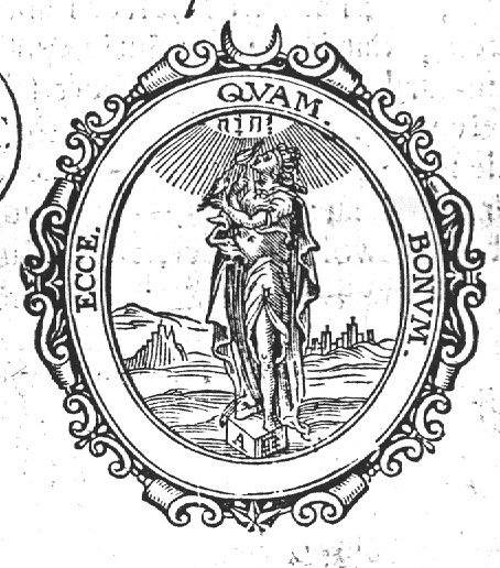 A woman with a bird on each hand, looking upward at a Jahweh-tetragram, standing on a cubical stone inscribed with an alpha and omega; hills; decorated frame with moon and star