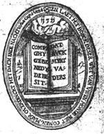 Open book, bible, with text, on a pedestal; Jahweh-tetragram; landscape with some buildings in the background