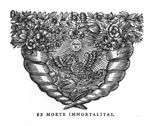 Phoenix standing in a fire below the sun, framed by cornucopiae with flowers