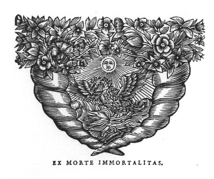 Phoenix standing in a fire below the sun, framed by cornucopiae with flowers