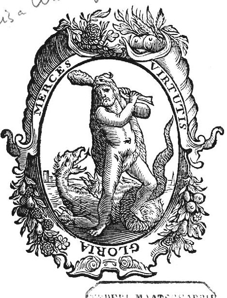 Hercules, covered by a lion's skin, is about to strike Ladon, the dragon guarding the tree of the Hesperides; frame decorated with cornucopiae and festoons