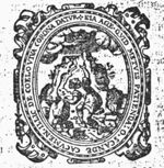 A hand from the sky is offering a crown to a crouching man on a hill who raises his right hand to accept it(?); decorated frame