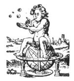 Homo bulla: boy blowing bubbles on a globe in a landscape