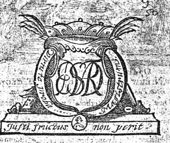 Cartouche with author's monogram "E.V.E.R.H.A.R.D M.E.Y.S.T.E.R." on pedestal; 'portrait' medaillon; crown(?) with feathers