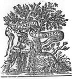 Old man sitting on the ground below a tree, reading; beside him on the ground: an armillary sphere, a quadrant, an ink-well and a quill, an open book, and a Jacob's staff; banderole