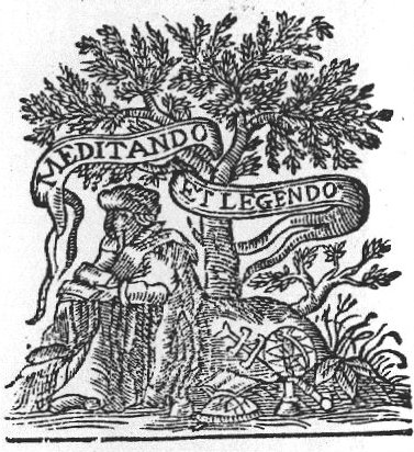 Old man sitting on the ground below a tree, reading; beside him on the ground: an armillary sphere, a quadrant, an ink-well and a quill, an open book, and a Jacob's staff; banderole