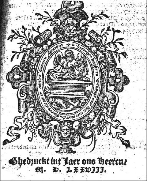 Illustration of "Revelation 6:9-12": the souls of martyrs crouching below an altar; an angel is putting down 'white clothes' on the altar; frame decorated with ribbons, mascaron, lion's head and festoons
