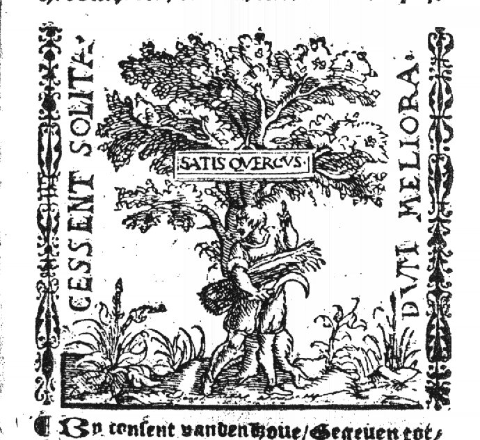 A man holding a sheaf of corn and a sickle, pointing upwards at the acorns of an oak-tree