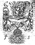 Two hands from the clouds holding a flat slab inscribed 'CHRISTVS' with a fire and a heart in the fire; both hands are chained to an armillary sphere hanging above a sun; banderole with inscription; initials "J.S." or "F.S."