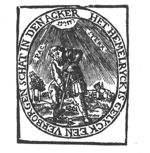 'The Kingdom of Heaven is like treasure hidden in a field': a man digging for a treasure in a landscape with a group of trees and some buildings; Jahweh-tetragram