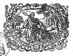 Mary Magdalene kneeling before Christ, who is carrying a spade, and wearing a pilgrim's hat(?): 'Noli me tangere'; garden setting with a building, some trees and a potted plant; frame decorated with Mercury (caduceus, petasus), Minerva (lance), festoons, lion's head