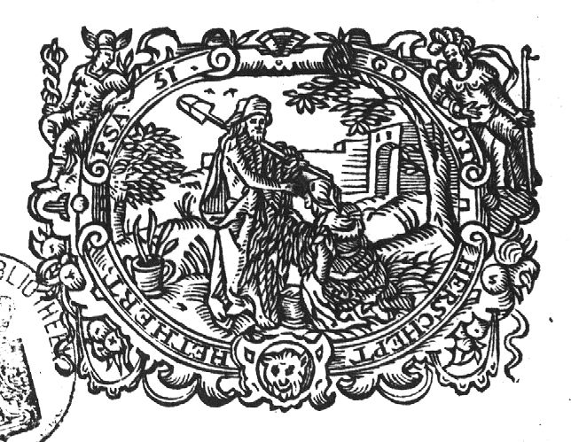 Mary Magdalene kneeling before Christ, who is carrying a spade, and wearing a pilgrim's hat(?): 'Noli me tangere'; garden setting with a building, some trees and a potted plant; frame decorated with Mercury (caduceus, petasus), Minerva (lance), festoons, lion's head