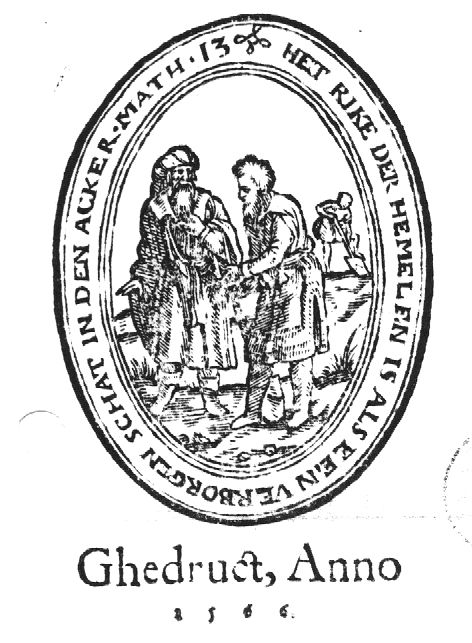 'The Kingdom of Heaven is like treasure hidden in a field': a man digging for a treasure, in the background, and speaking with the man from whom he wants to buy the field, in the foreground