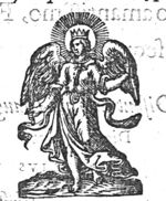 An angel wearing a crown and holding a palm-branch