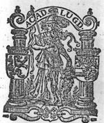 Minerva (Aegis, lance, helmet) as patroness of the University of Leiden, holding an open book; coats of arms of William I of Nassau, the city of Leiden and Holland(?)