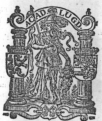 Minerva (Aegis, lance, helmet) as patroness of the University of Leiden, holding an open book; coats of arms of William I of Nassau, the city of Leiden and Holland(?)